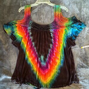 Vintage America Cold Shoulder Lace Trim Hand tye-died rainbow blouse L-2xl